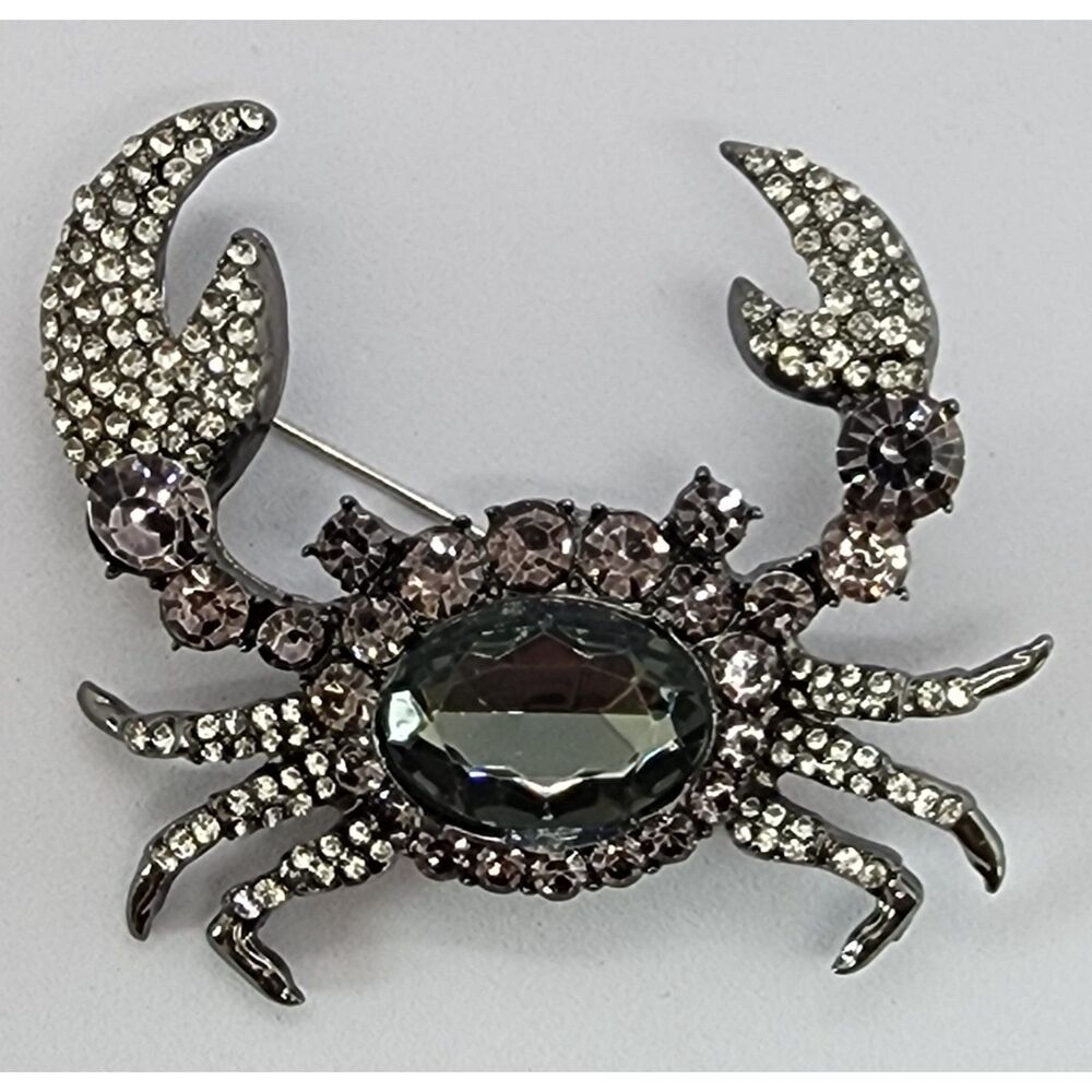 Crab Brooch Black Grey Rhinestone Faux Jewel Walking Realistic Larger Claw Ocean